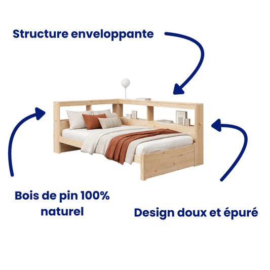 Cadre de Lit bibliothèque en bois de pin massif