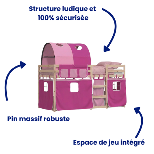 Cadre de Lit Superposé Rose en bois de pin massif